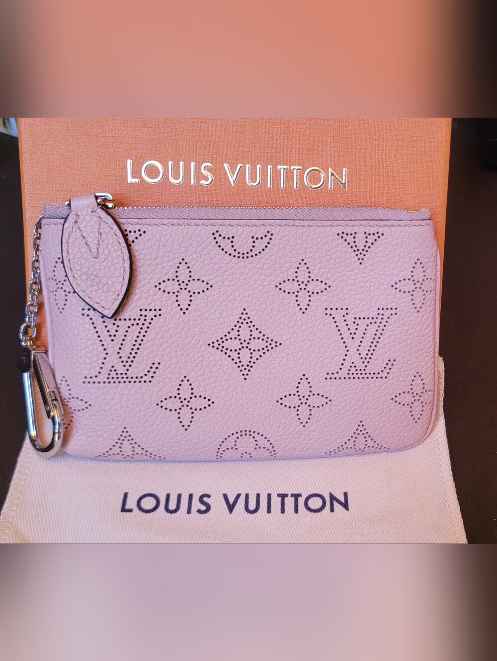 Louis Vuitton Beige Pink Perforated Mahina Leather Monogram Pouch with Key Clip